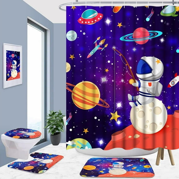 4 Pcs Kids Astronaut Bathroom Shower Curtain Set with Non-Slip Rug, Toilet Lid Cover and Bath Mat, Funny Galaxy Shower Curtain with Hooks, Universe Anime Shower Curtains for Bathroom Decor