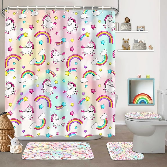 4 Pcs Kids Bathroom Set Pink Unicorn Rainbow Shower Curtain Sets with Non-Slip Rugs Toilet Lid Cover and Bath Mat Set, Kids Girl Bathroom Decor with 12 Hooks