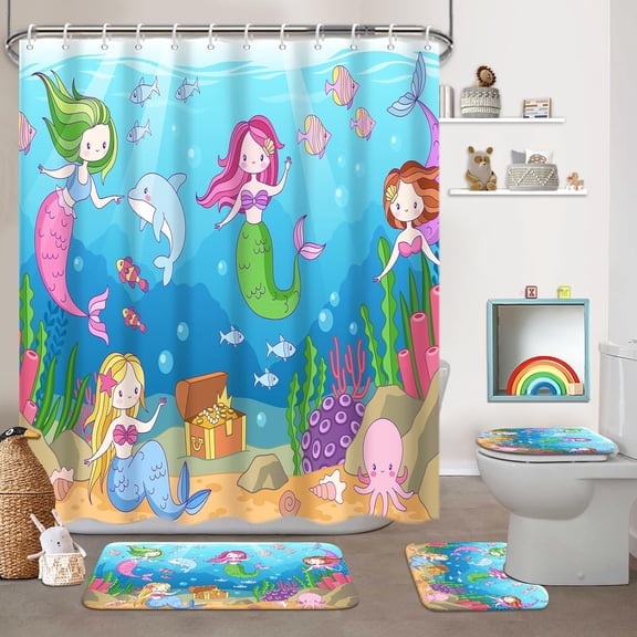 4 Pcs Kids Bathroom Set Pink Unicorn Rainbow Shower Curtain Sets with Non-Slip Rugs Toilet Lid Cover and Bath Mat Set, Kids Girl Bathroom Decor with 12 Hooks