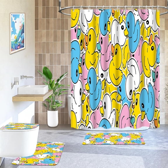 4 Pcs Kids Bathroom Shower Curtain Set, Colorful Duck Bathroom Sets for Kids Bathroom Decoration with Shower Curtain, Non Slip Bathroom Rugs, Toilet Lid Cover, U Toilet Mat and 12 Hooks