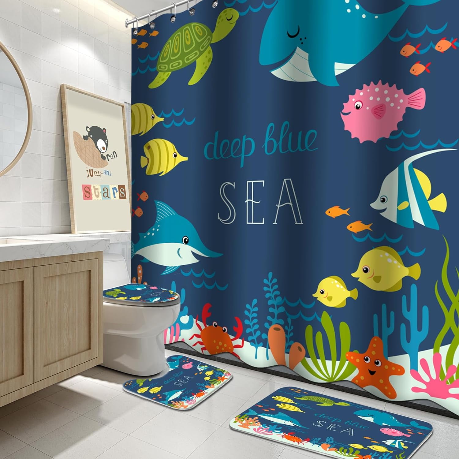 4 Pcs Kids Bathroom Shower Curtain Set, Sea Turtle Fish Bathroom Sets ...