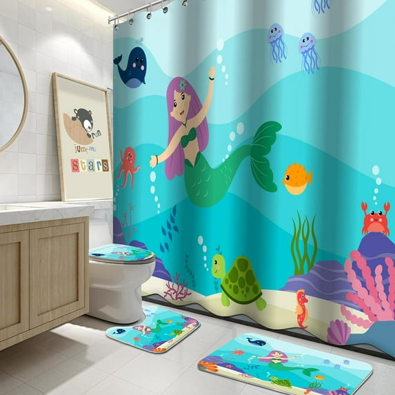 4 Pcs Kids Bathroom Shower Curtain Set, Blue Mermaid Bathroom Sets for Kids Bathroom Decoration with Shower Curtain, Non Slip Bathroom Rugs, Toilet Lid Cover, U Toilet Mat and 12 Hooks