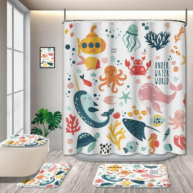 4 Pcs Kids Boys Shower Curtain Sets with Non-Slip Rugs, Cartoon Planet ...