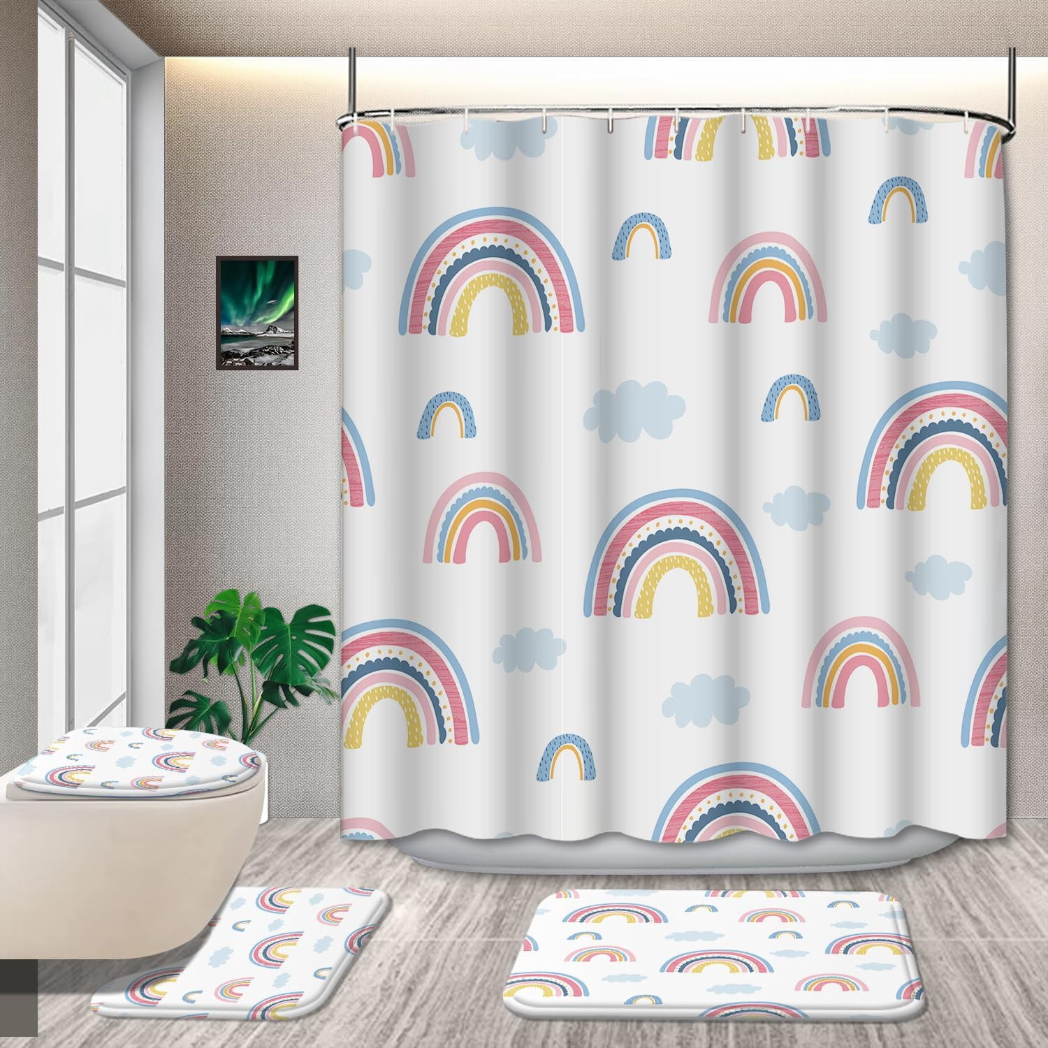 4 Pcs Kids Boys Shower Curtain Sets with Non-Slip Rugs, Cartoon Planet Cute Universe Galaxy Space Moon Kid Shower Curtain Bathroom Set Baby Cosmos for Boys Girls Kids Bath Curtain 72x72In