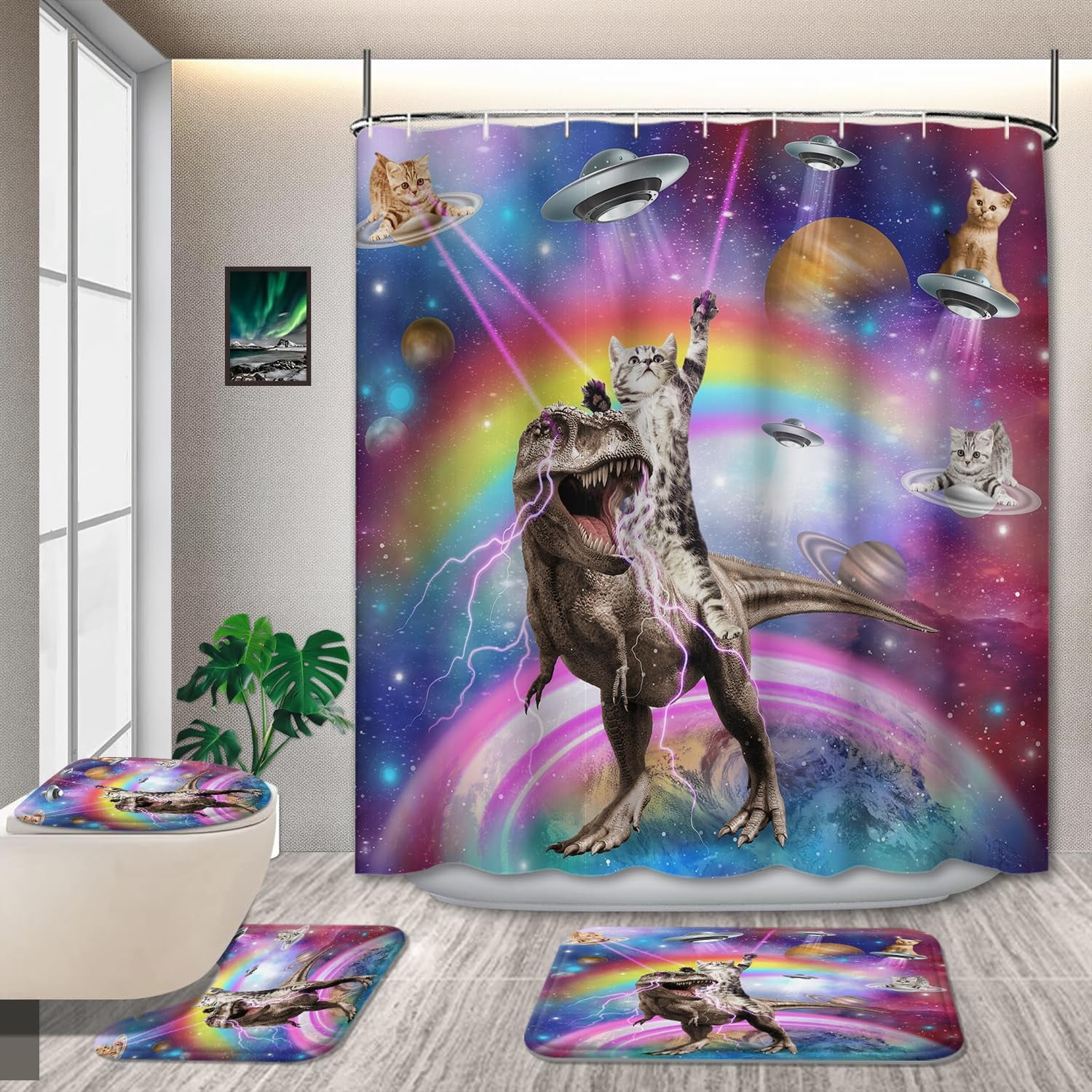 4 Pcs Kids Boys Shower Curtain Sets with Non-Slip Rugs, Cartoon Planet Cute Universe Galaxy Space Moon Kid Shower Curtain Bathroom Set Baby Cosmos for Boys Girls Kids Bath Curtain 72x72In