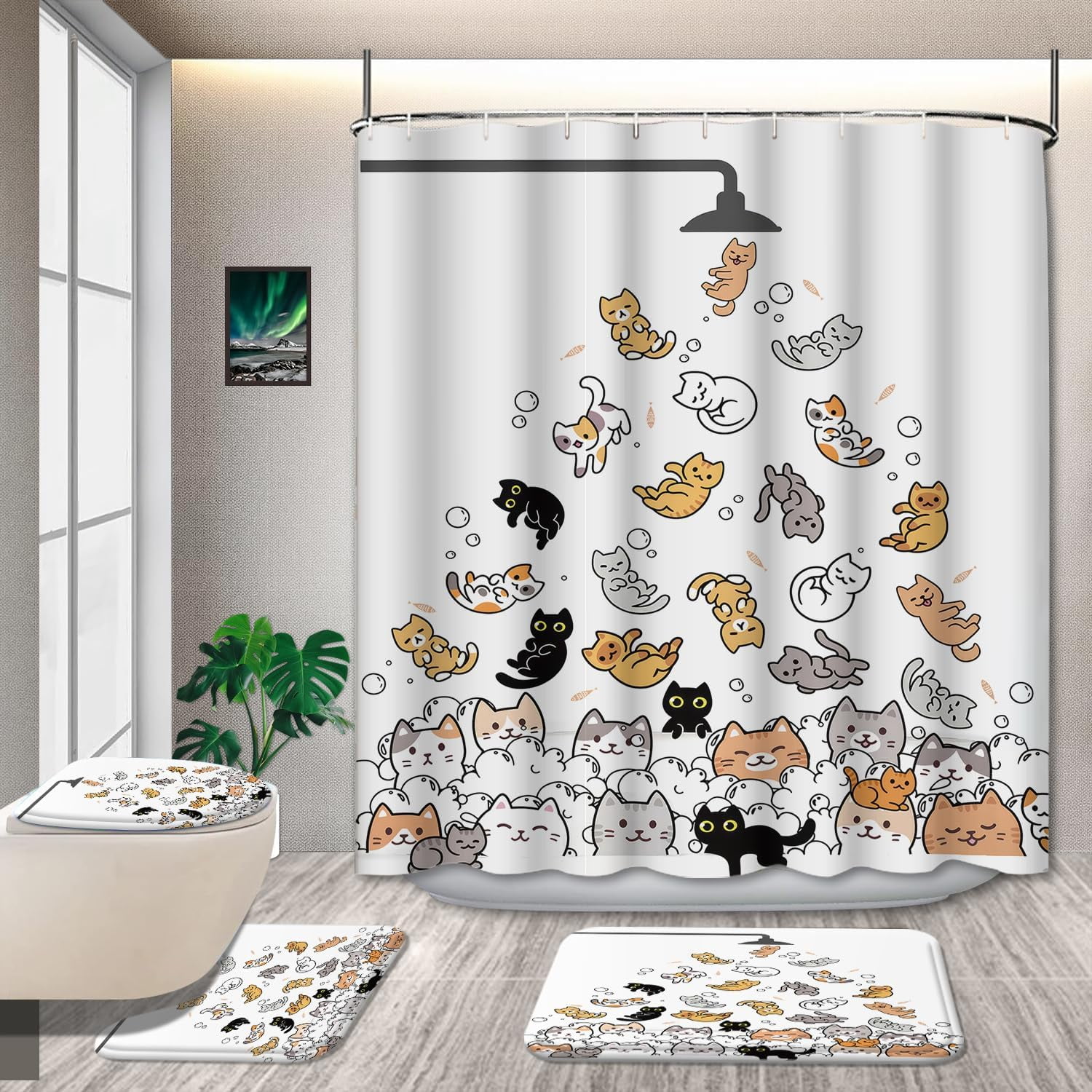 4 Pcs Kids Boys Shower Curtain Sets with Non-Slip Rugs, Cartoon Planet Cute Universe Galaxy ...