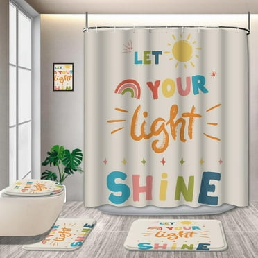 4 Pcs Kids Educational Shower Curtain Sets with Non-Slip Rugs Boho Watercolor ABC Alphabet Pastel Numbers Shapes Colors Weather Knowledge Child Nursery Bathroom Decor Polyester Fabric 72*72in