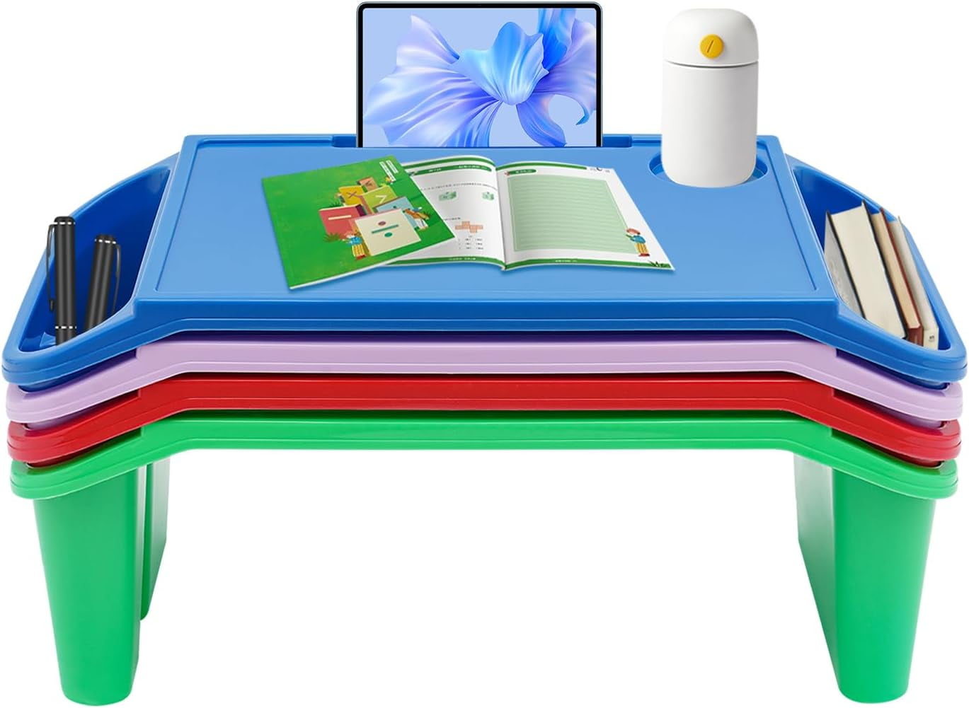 Miumaeov 4 Pcs Kids Lap Desk Tray Plastic Breakfast Laptop Trays with Side Pockets for Writing Eating Snacks Boy Girl Multicolour