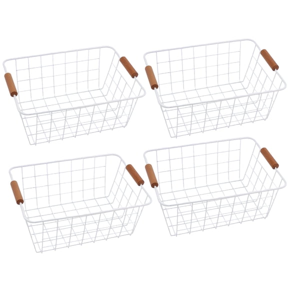 4 Pcs of Kitchen Storage Baskets for Pantry, Stackable White Wire Baskets with Wooden Handles, Metal Mesh Design, Ideal for Kitchen, Living Room, Bedroom