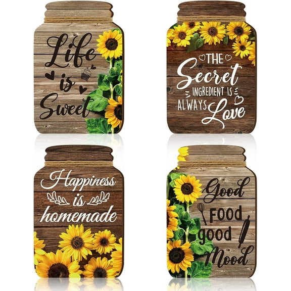 4 Pcs Kitchen Wall Decor Mason Jar Set Wooden Rustic Home Decor Inspirational Kitchen Hanging Farmhouse Wall Signs for Home decoration(Sunflower)