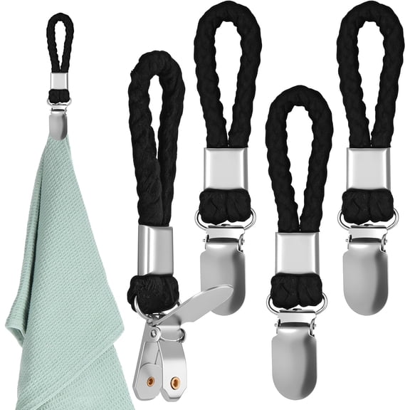 4 Pcs Kitchens Towel Clips, Metal Kitchen Towels Clips with Hanging Loop Cloth Hook Clip Hangers, Kitchen Towel Rack Hook for Home Bathroom Cupboards Cloth Hanger Holder