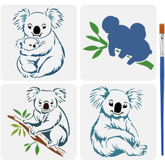 4 Pcs Koala Painting Stencil with Brush 5.9x5.9inch Koala on Tree Pattern Drawing Template Cute Animal DIY Decoration Stencil for DIY handcrafting