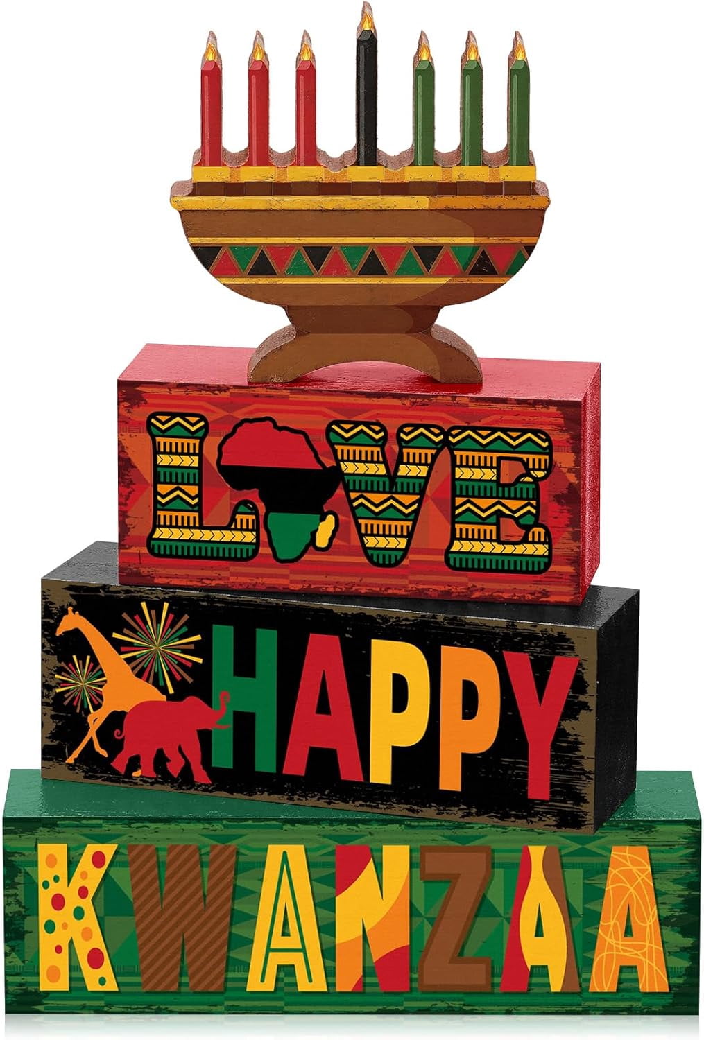 4 Pcs Kwanzaa Table Decorations Wooden Candlestick Sign Wood Block ...