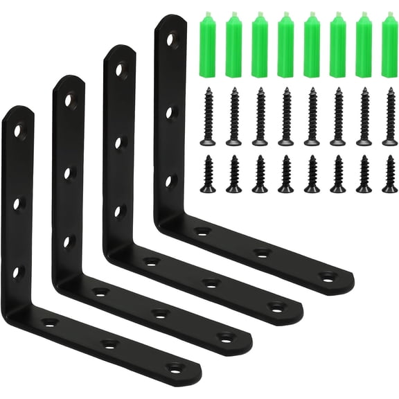 4 Pcs L Bracket, 100 x 100 mm/4 x 4 Inch Heavy Duty Stainless Steel Corner Brace, 3mm Thick Solid Shelf Support Bracket for Wood, Furniture, Shelves & DIY Projects - Black