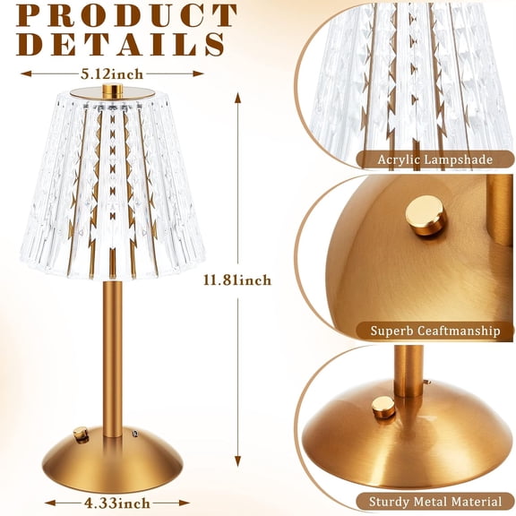 4 Pcs LED Portable Cordless Table Lamp Touch Battery Operated Rechargeable Gold Desk Lamp 3 Color Dimmable for Bedroom Living Room Dining (Gold,Classic Style)