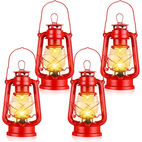 4 Pcs LED Vintage Lanterns Battery Operated Warm White Old Hurricane Lantern Antique Metal Hanging LED Lamp with Dimmer Switch for Indoor Table Outdoor Christmas Halloween(Red)