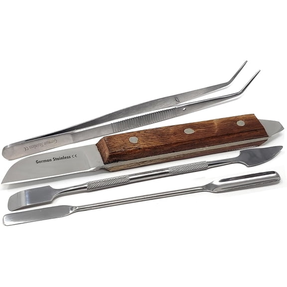 4 Pcs Lab Tools Double Ended Mixing Spatulas For Lab Use with Tweezers Multipurpose Wooden Handle Carver For Wax Stainless Steel Kit