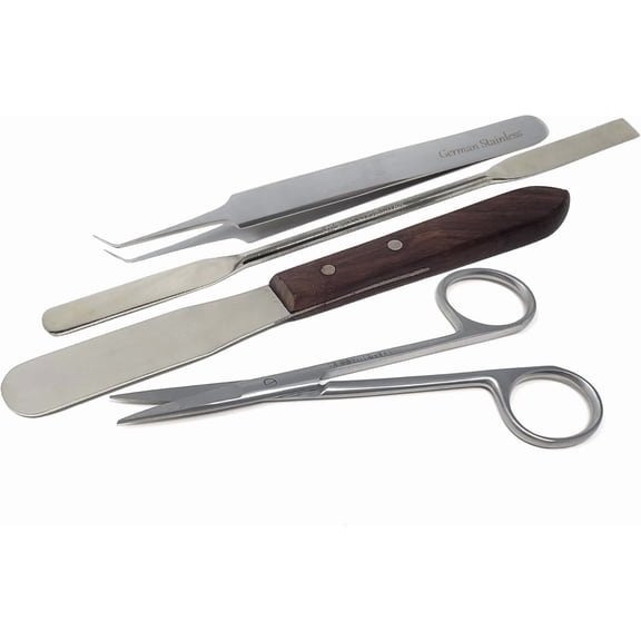 4 Pcs Lab Tools Kit Double-Ended Spatulas Square Round Shape with Tweezers, Scissors & Wooden Handle Spatula Stainless Steel Science Classroom Kit