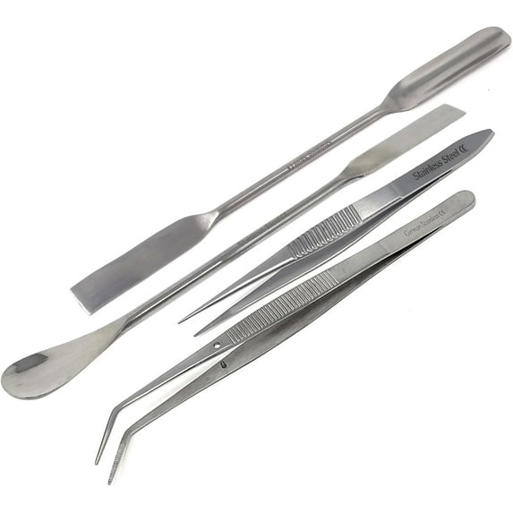 4 Pcs Lab Work Kit - Double-Ended Lab Spatula Set with Tweezers Mixing, Scooping and Handling Multipurpose Laboratory Supplies