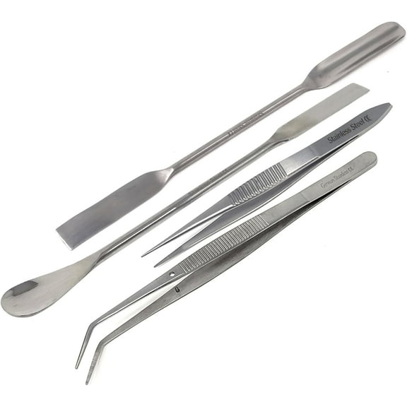 4 Pcs Lab Work Kit - Double-Ended Lab Spatula Set with Tweezers Mixing, Scooping and Handling Multipurpose Laboratory Supplies
