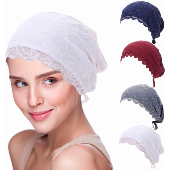 4 Pcs Lace Cotton Elastic Inner Beanies Cap for Islamic Muslim Hijab Undercap with Tie Back Closure Under Scarf Hat