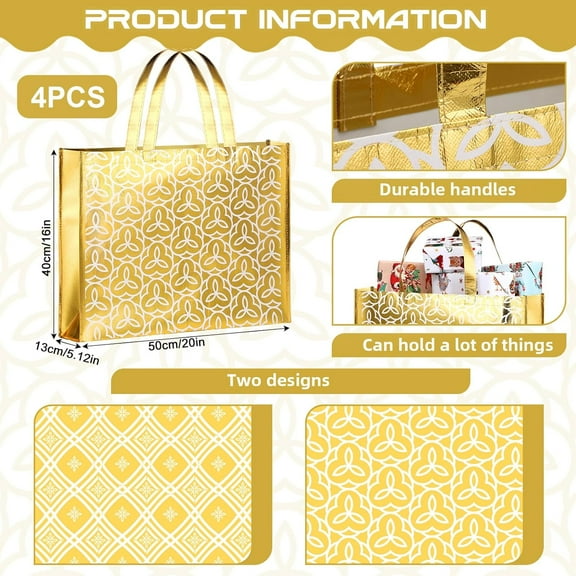 4 Pcs Extra Large Gold Gift Bags 20x16 Inch Reusable Tote Bags for Christmas, Weddings, Birthdays