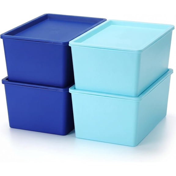 4 Pcs Large Plastic Stackable Storage Bins with Lids Dark Blue and Light Blue