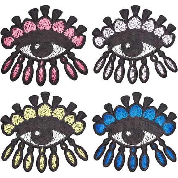 4 Pcs Large Sequin Patches for Clothes 4 Colors Big Eye Sequin Embroidered Applique Patch Iron Sew on Applique for Clothes Jackets Jeans Bags Embroidery Garment Accessory for DIY