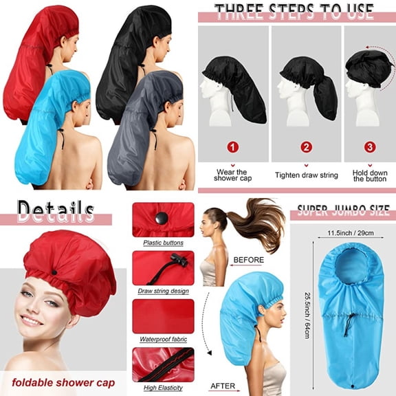 4 Pcs Large Shower Cap for Braids Extra Long Shower Cap for Women Long Hair Locs Foldable Waterproof Reusable XL Hair Bonnets for Dreadlocks Drawstring Bath Caps(Red, Blue, Black, Gray)