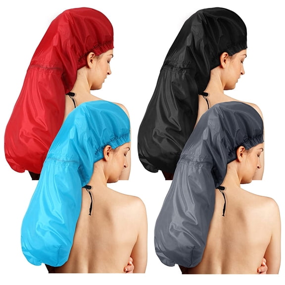4 Pcs Large Shower Cap for Braids Extra Long Women Hair Locs Foldable Waterproof Reusable XL Bonnets Dreadlocks Drawstring Bath Caps(Red, Blue, Black, Gray)