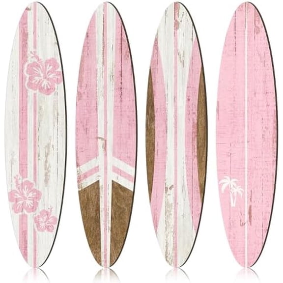 4 Pcs Large Surfboard Wall Decors Girls Boys Wooden Beach Room Decor 23.6" x 5.4" Preppy Surf Board Hanging Signs Aesthetic Tropical Wall Art for Bedroom Living Room Bathroom Decors(Pink)