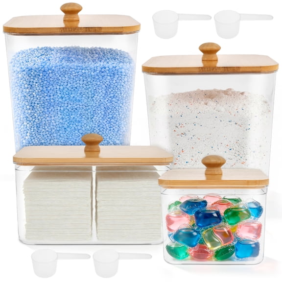4 Pcs Laundry Pods Container, Clear Laundry Detergent Dispenser with Bamboo Lids & Waterproof Labels, Laundry Room Organization and Storage