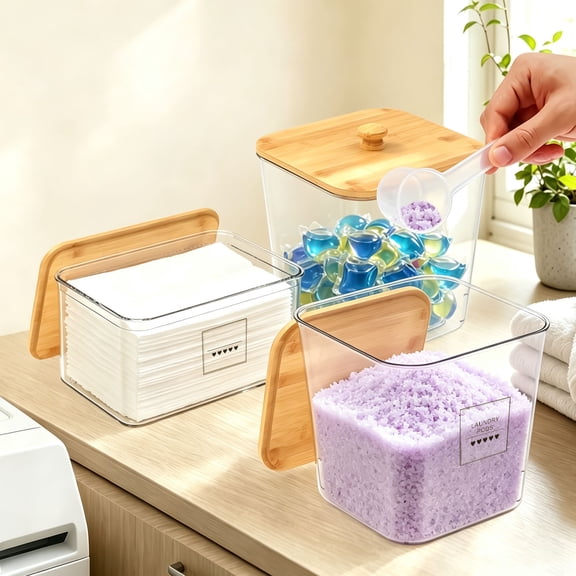 4 Pcs Laundry Pods Container Storage Set 3 Acrylic Canisters with Wooden Lids Dryer Sheet Container Holder with Measuring Scoops Labels for Detergent Pods Scent Booster Dryer Balls, Burlywood