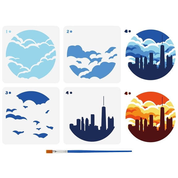 4 Pcs Layered Cloud Stencil with A Paint Brush 5.9x5.9inch City Architectural Silhouette Painting Template Clouds Pattern Decoration Stencil DIY