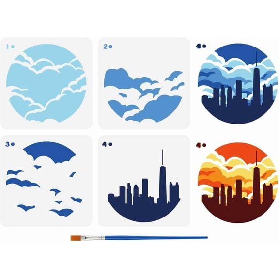 4 Pcs Layered Cloud Stencil with A Paint Brush 5.9x5.9inch City Architectural Silhouette Painting Template Clouds Pattern Decoration Stencil