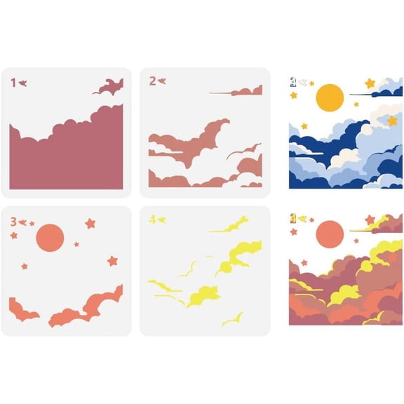4 Pcs Layered Clouds Painting Stencil 4 Styles 5.9x5.9" PET Clouds Sun Star Pattern Spraying Stencils Reusable Sky View Drawing Stencil Fantasy Themes Decor Template for Wood Floor Wall colorful