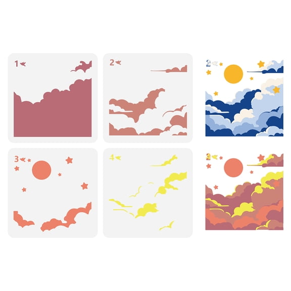 4 Pcs Layered Clouds Painting Stencil 4 Styles 5.9x5.9" PET Clouds Sun Star Pattern Spraying Stencils Reusable Sky View Drawing Stencil Fantasy