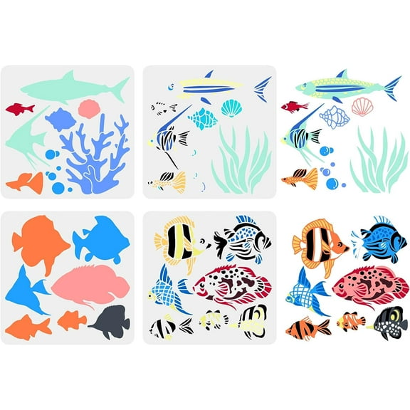 4 Pcs Layered Ocean Fish Stencil 11.8x11.8 inch Sea Ocean Creatures Stencil Template Plastic Coral Fish Conch Shell Pattern Painting Stencil Reusable Stencil for Wall Home Decor Stainless Steel Color