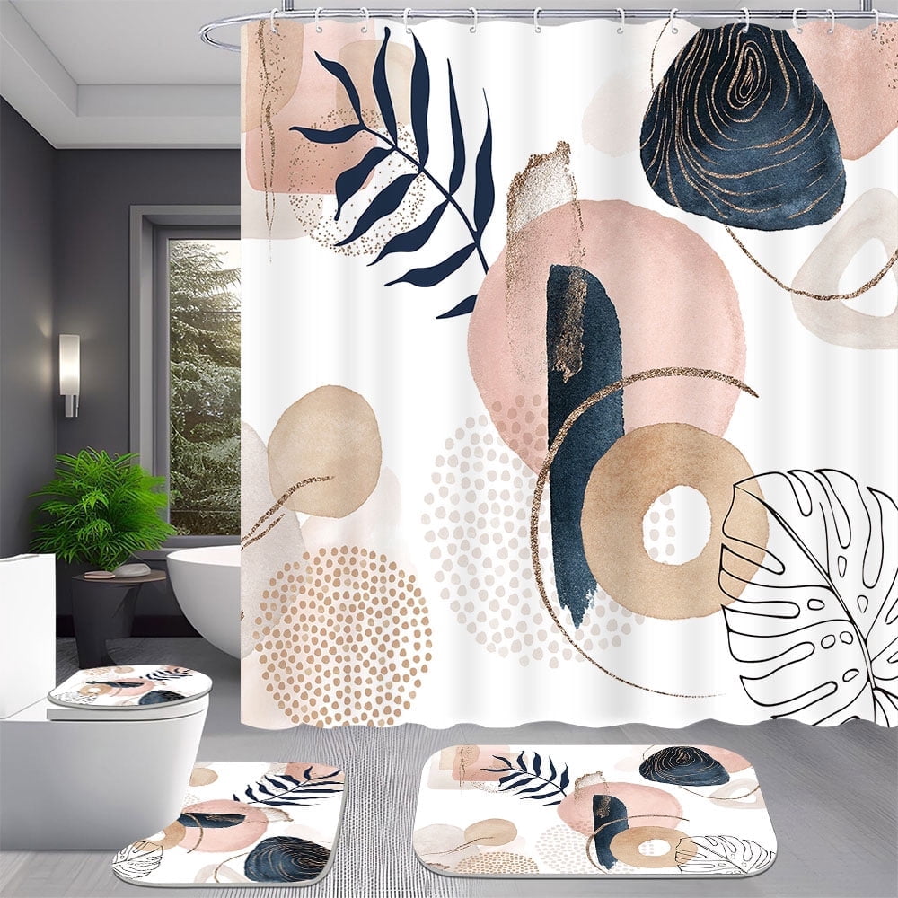 4 Pcs Leaves Abstract Pink Pattern Shower Curtain Set With Rug Toilet Cover and Bath Mat for Bathroom