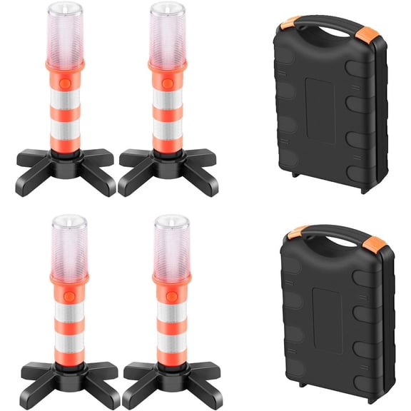 4 Pcs Led Emergency Roadside Flare Strobe Light3 in 1 Road Warning Beacon Flare with Detachable Magnetic Base and Storage Case, for Traffic Roadblocks Camping Hiking Fishing Field Rescue