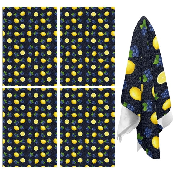 4 Pcs Lemon and Blueberry Black Pattern Funny Kitchen Towels, Microfiber Dish Towels, Kitchen Tea Towels Set 18" X 26"