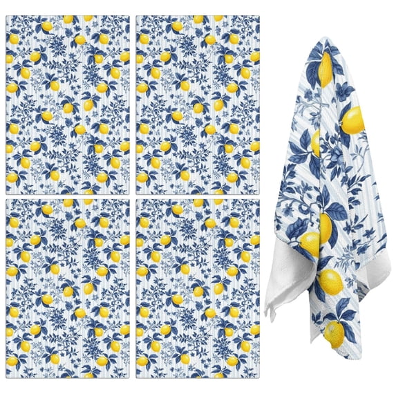 4 Pcs Lemon and Floral Blue Pattern Funny Kitchen Towels, Microfiber Dish Towels, Kitchen Tea Towels Set 18" X 26"