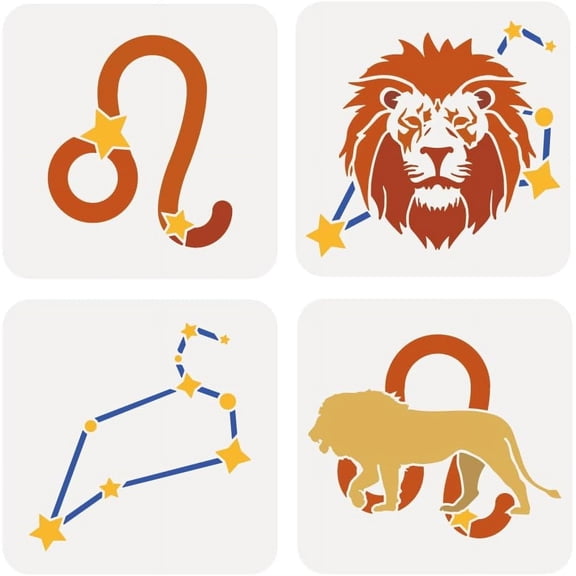 4 Pcs Leo Zodiac Sign Painting Stencil 7.8x7.8inch Reusable Leonis Constellation Pattern Drawing Template DIY Lion Head Decoration Stencil for Painting on Wood Wall Fabric Furniture