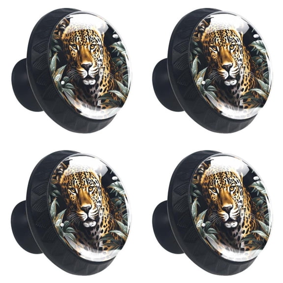 4 Pcs Leopard Animal Print Cabinet Knobs 30mm Round Crystal Glass Drawer Handles Pulls with Screws for Kitchen Cupboard Wardrobe Closet Dresser, Home&Office