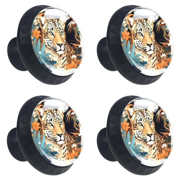 4 Pcs Leopard Animal Print Cabinet Knobs 30mm Round Crystal Glass Drawer Handles Pulls with Screws for Kitchen Cupboard Wardrobe Closet Dresser, Home&Office