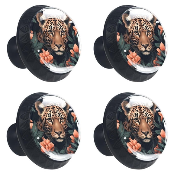4 Pcs Leopard Animal Print Cabinet Knobs 30mm Round Crystal Glass Drawer Handles Pulls with Screws for Kitchen Cupboard Wardrobe Closet Dresser, Home&Office