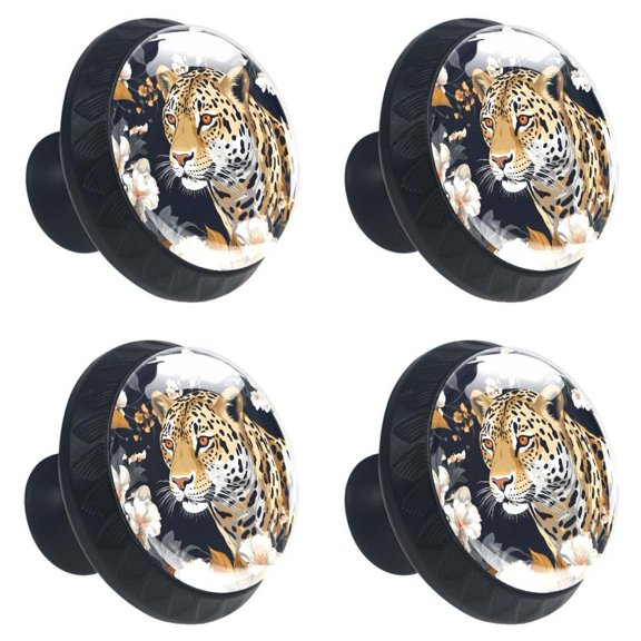4 Pcs Leopard Animal Print Cabinet Knobs 30mm Round Crystal Glass Drawer Handles Pulls with Screws for Kitchen Cupboard Wardrobe Closet Dresser, Home&Office