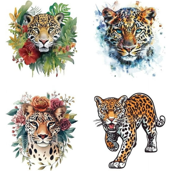 4 Pcs Leopard Iron on Decals Patches 4 Sizes Flowers Plants Animal Beast Iron on Stickers Hunting Leopard Heat Transfer Stickers PET Washable Patches for DIY Clothes Decor