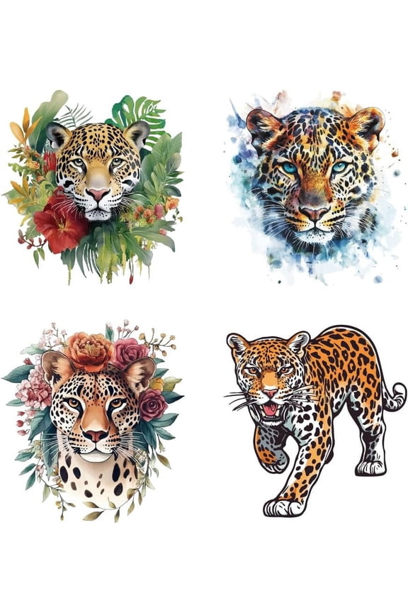 4 Pcs Leopard Iron on Decals Patches 4 Sizes Flowers Plants Animal Beast Iron on Stickers Hunting Leopard Heat Transfer Stickers PET Washable Patches for DIY Clothes Decor