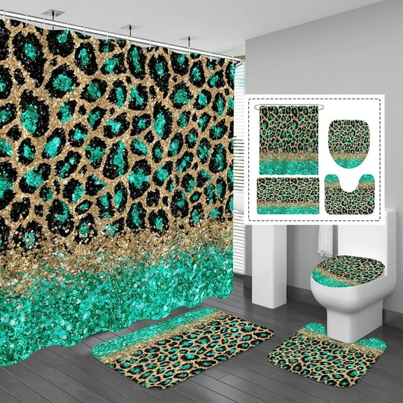 4 Pcs Leopard Print Shower Curtain Set with Non-Slip Rugs, Toilet Lid Cover and Bath Mat, Black Gold Glitter Bling Bathroom Decor Set with Shower Curtain and Rugs and Accessories